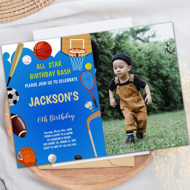 Invitations personnalisables pour les enfants (Blue Background Sports Birthday Invitations photo)