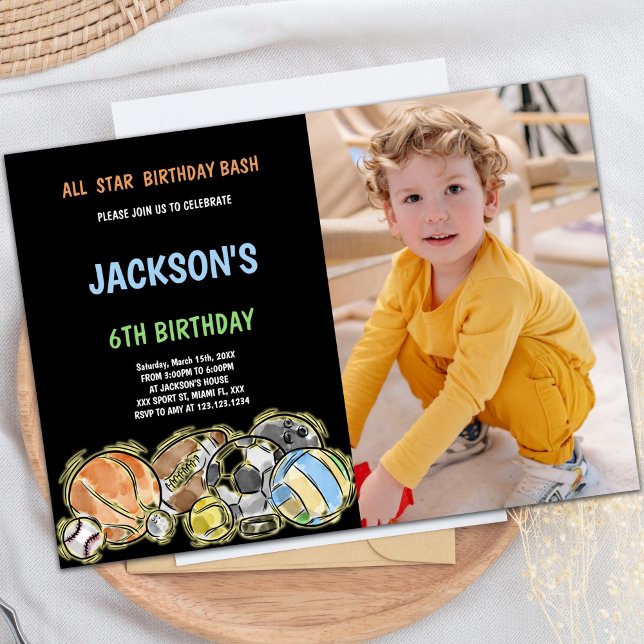 Invitations personnalisables pour les enfants (Black Sports Birthday Invitations with photo)