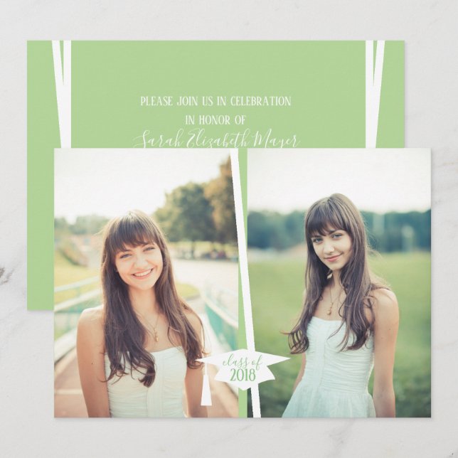 Invitations photo de diplômes modernes Green & Whi (Devant / Derrière)
