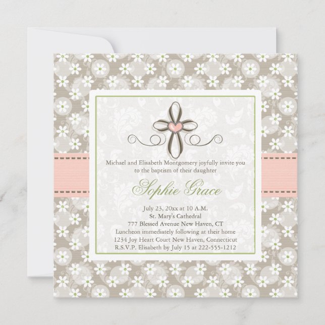 Invitations photo de la Croix du Coeur rose (Devant)