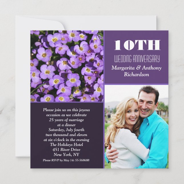 Invitations photo florale moderne 10e anniversaire (Devant)
