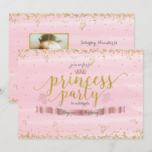 Invitations photo Princess Party rose et or