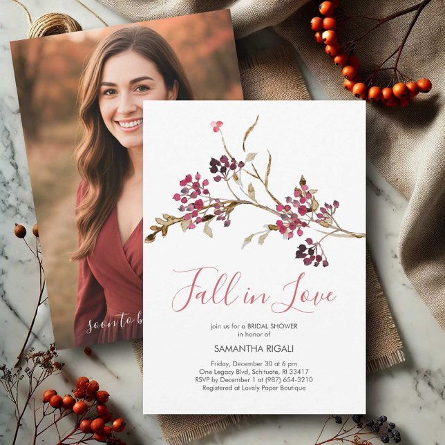 Invitations photo thème Fête des mariées d'automne (photo invitations fall bridal shower theme cranberry red and brown fall in love)