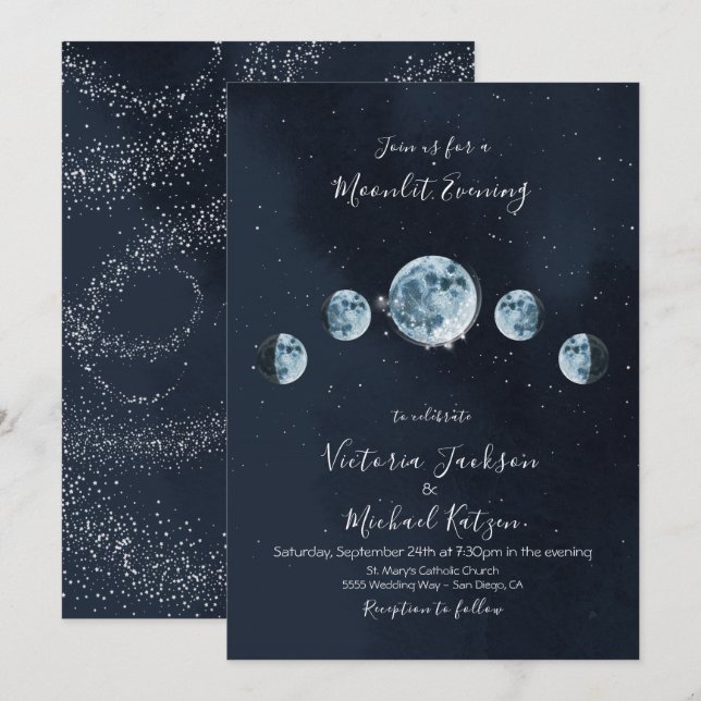 invitations Pleine Lune Céleste et Étoiles (Devant / Derrière)