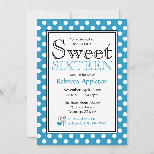 Invitations Polka Dot Blue & White Sweet sixteen (Devant)