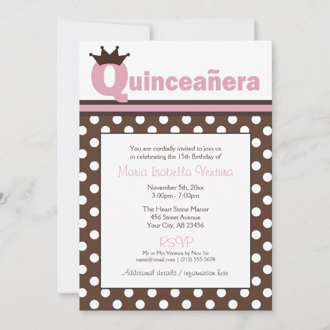 Invitations Polka Dot et Quinceañera Rose Brown (Devant)