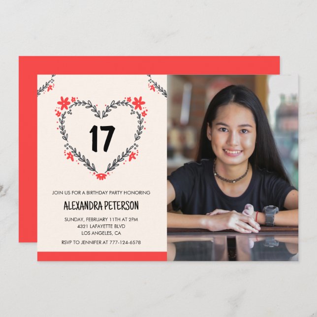Invitations pour 17e anniversaire pour son coeur f (Devant / Derrière)