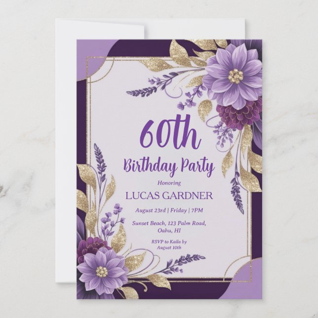 invitations pour 60e anniversaire violet et or (Devant)