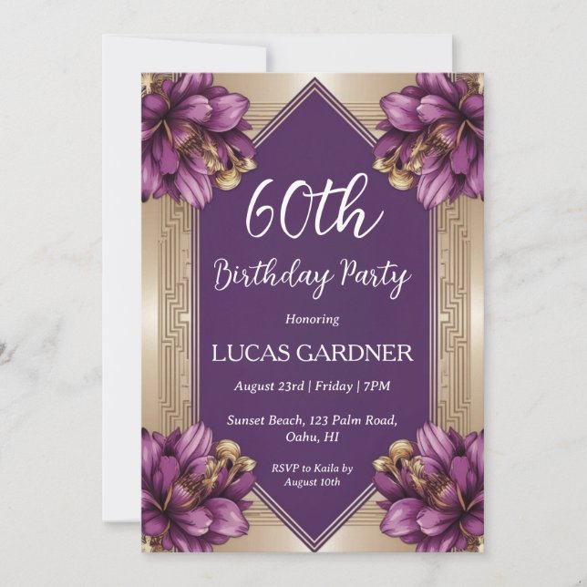 invitations pour 60e anniversaire violet et or (Devant)
