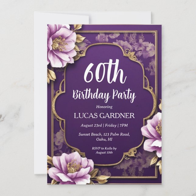 invitations pour 60e anniversaire violet et or (Devant)