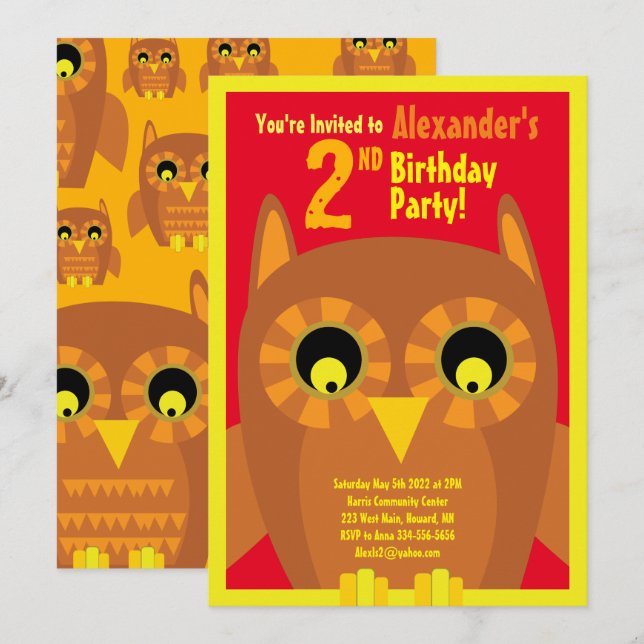 Invitations pour la fête d'anniversaire de Owl Ani (Devant / Derrière)