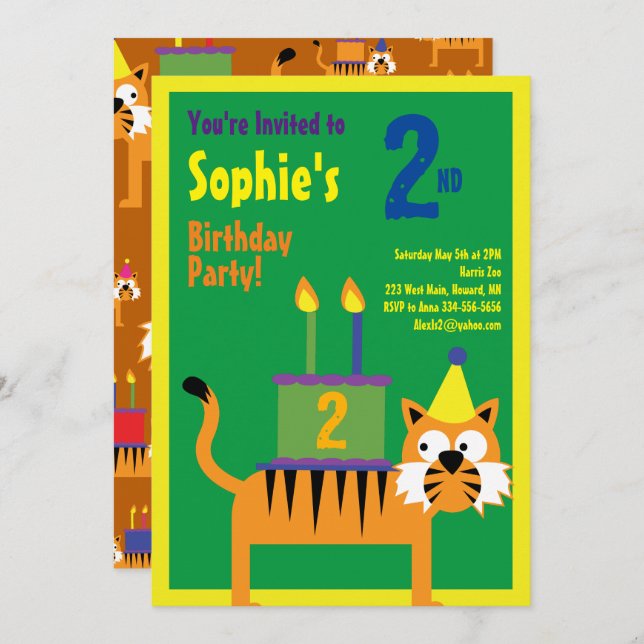 Invitations pour la fête d'anniversaire de Tiger A (Devant / Derrière)