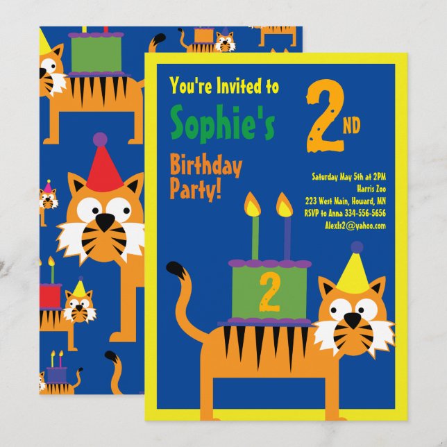 Invitations pour la fête d'anniversaire de Tiger A (Devant / Derrière)
