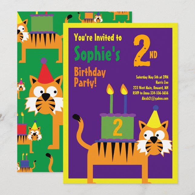 Invitations pour la fête d'anniversaire de Tiger A (Devant / Derrière)