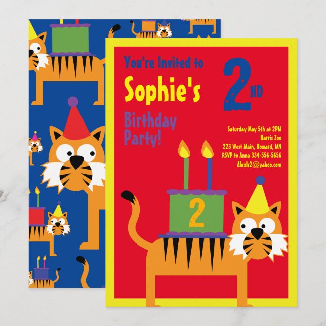 Invitations pour la fête d'anniversaire de Tiger A (Devant / Derrière)