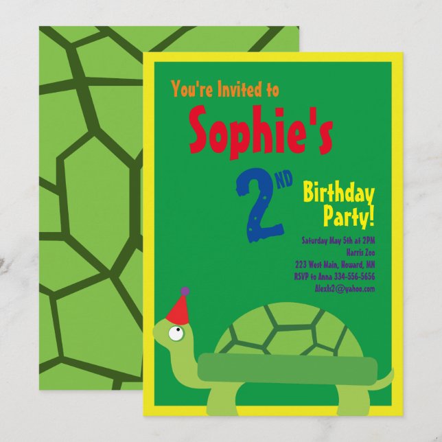 Invitations pour la fête d'anniversaire de Turtle  (Devant / Derrière)