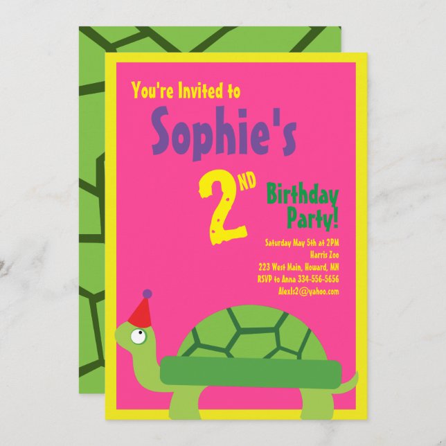Invitations pour la fête d'anniversaire de Turtle  (Devant / Derrière)