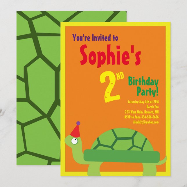 Invitations pour la fête d'anniversaire de Turtle  (Devant / Derrière)