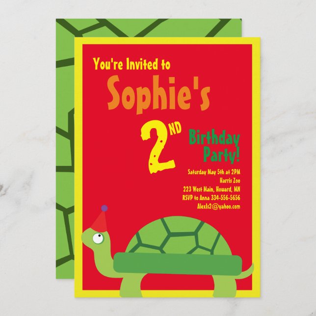 Invitations pour la fête d'anniversaire de Turtle  (Devant / Derrière)