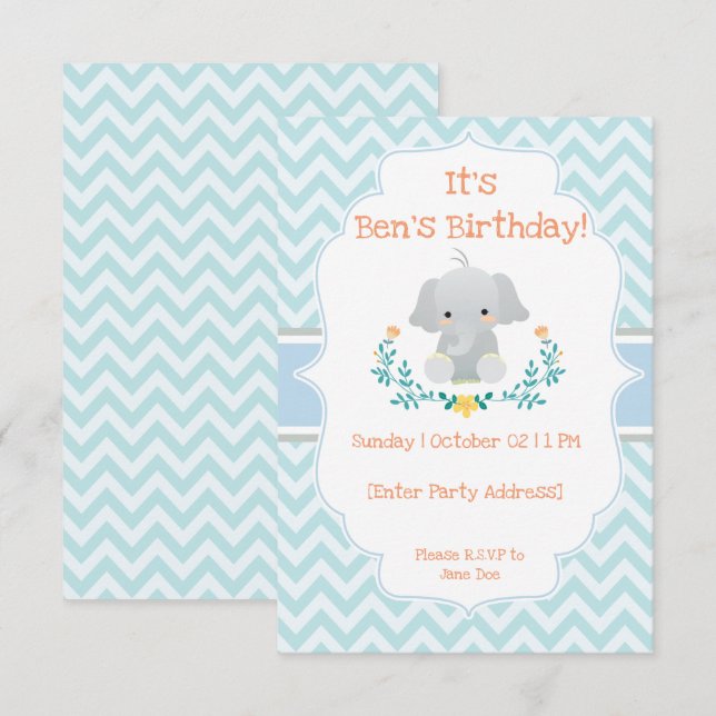 Invitations pour l'anniversaire de bébé éléphant (Devant / Derrière)