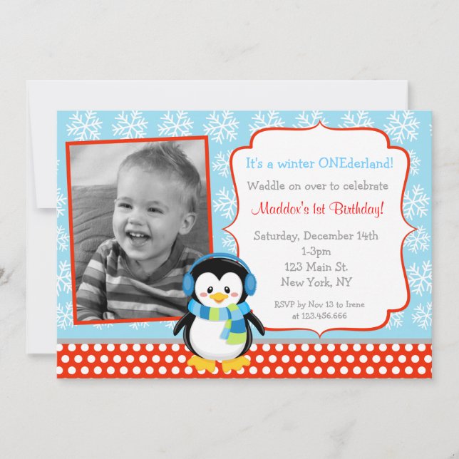 Invitations pour l'anniversaire de Boy Penguin Win (Devant)