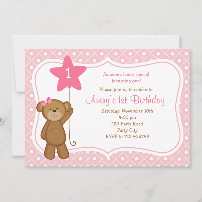 Invitations pour l'anniversaire de l'ours - 1er an (Devant)