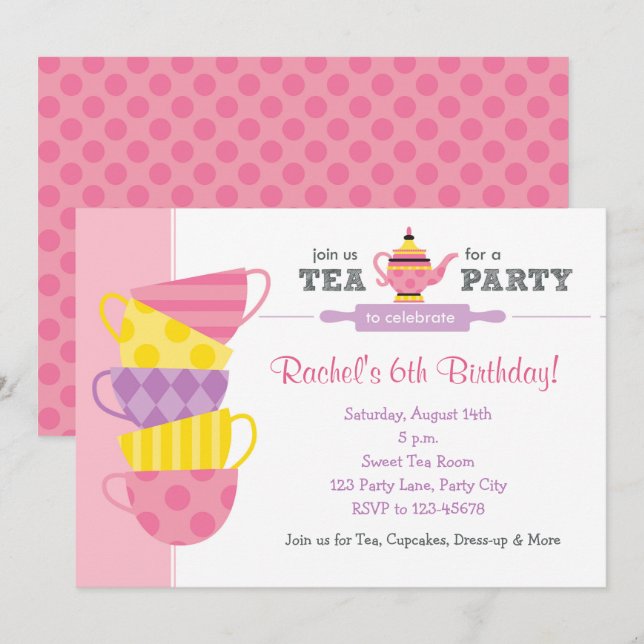 Invitations Pour L'Anniversaire Du Thé (Tasses De  (Devant / Derrière)