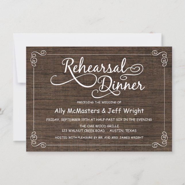 Invitations pour le dîner de répétition en bois ru (Devant)