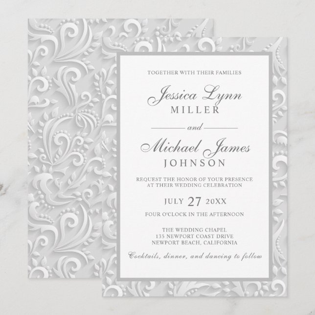 Invitations pour mariages | Design 3D blanc gris é (Devant / Derrière)