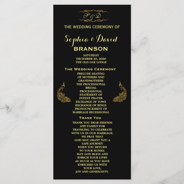 Invitations pour mariages | Programme Peacock Or P (Devant)