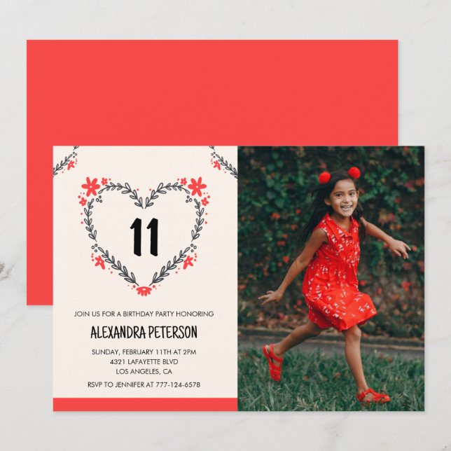 Invitations pour son 11e anniversaire Floral Heart (Devant / Derrière)