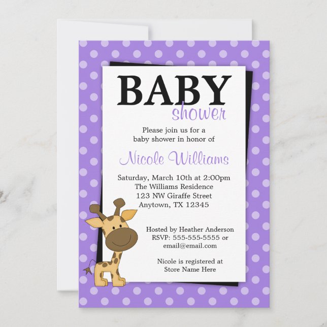 Invitations pourpres de baby shower de girafe de (Devant)
