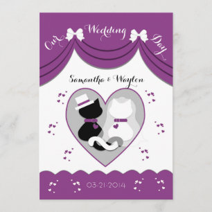 Invitations pourpres de couples de mariage de chat