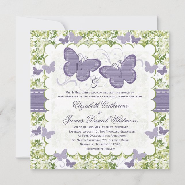 Invitations pourpres de mariage de papillon (Devant)