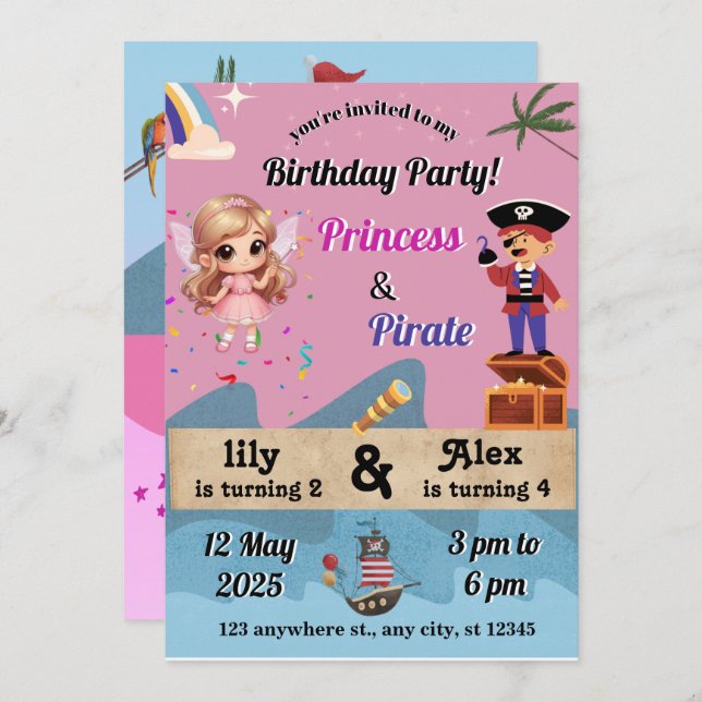 invitations princesses et pirates (Devant / Derrière)