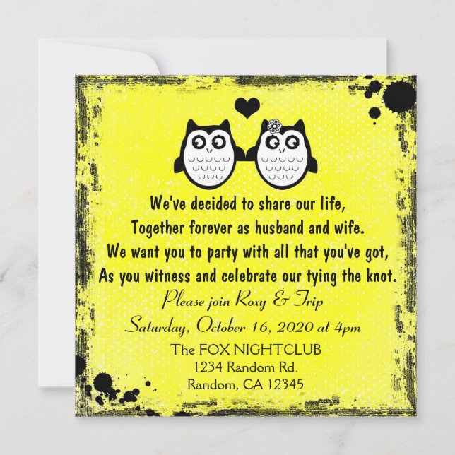 Invitations punks de mariage de hibou grunge jaune (Devant)