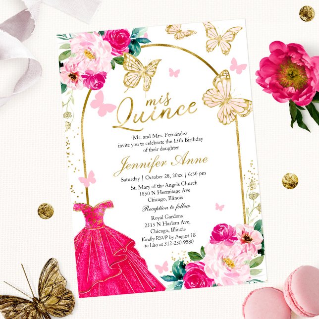 Invitations Quince Papillon Hot Rose Arch Floral (Créateur téléchargé)