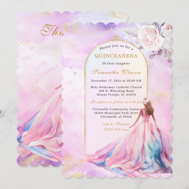 Invitations Quinceanera rose et or (Devant / Derrière)