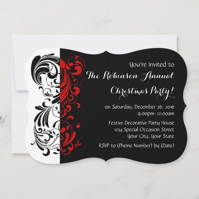 Invitations Red+Black Elegant Swirl Fête (Devant)