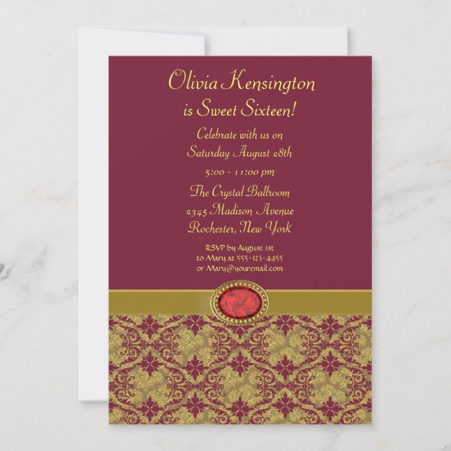 Invitations Red Damask Sweet sixteen Party (Devant)