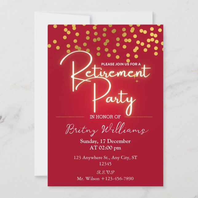 Invitations Red Gold Confetti Retraite Party (Devant)