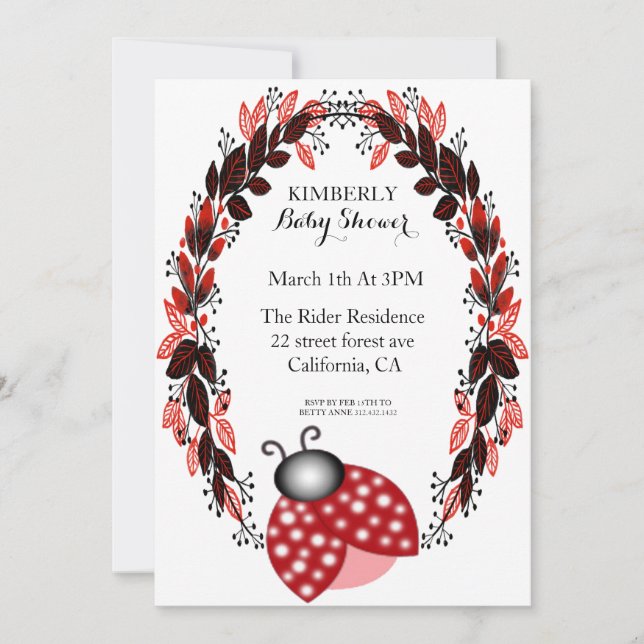 Invitations Red Ladybug Red Feuilles Baby Shower (Devant)