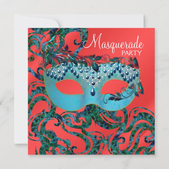 Invitations Red Turquoise Blue Masquerade Party (Devant)