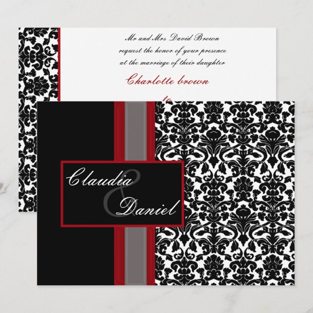 Invitations Red White Black Mariage damassé (Devant / Derrière)