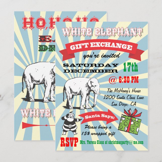 Invitations Retro White Elephant Christmas Party (Devant / Derrière)