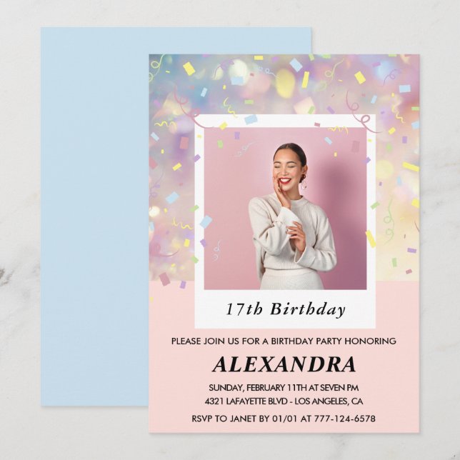 Invitations rose 17e anniversaire Confetti Photo (Devant / Derrière)