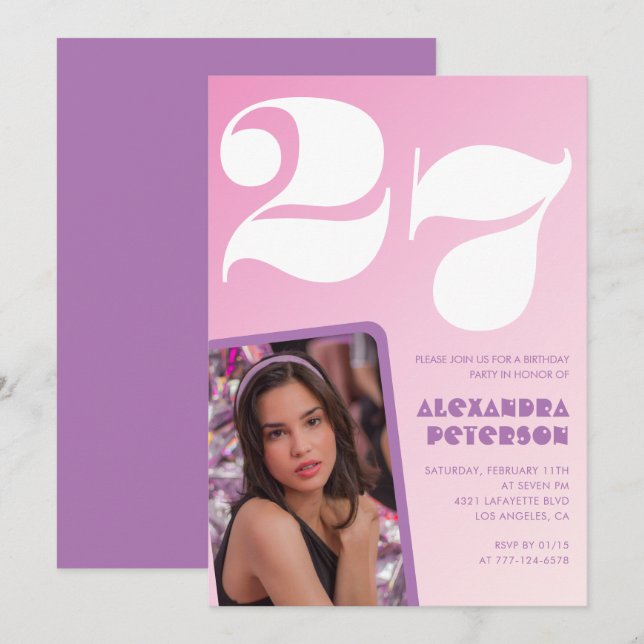 Invitations rose 27e anniversaire Retro Photo (Devant / Derrière)