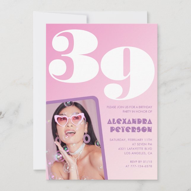 Invitations rose 39e anniversaire Retro Photo (Devant)