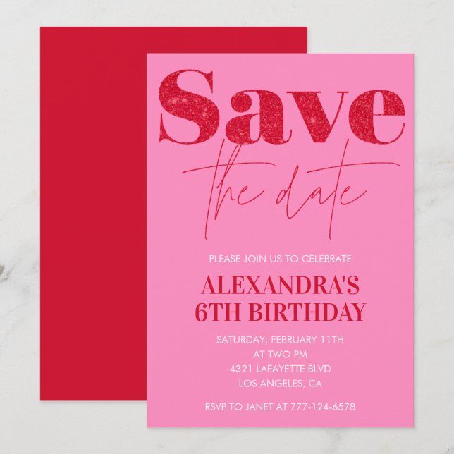 Invitations rose 6e anniversaire Save date Chic (Devant / Derrière)