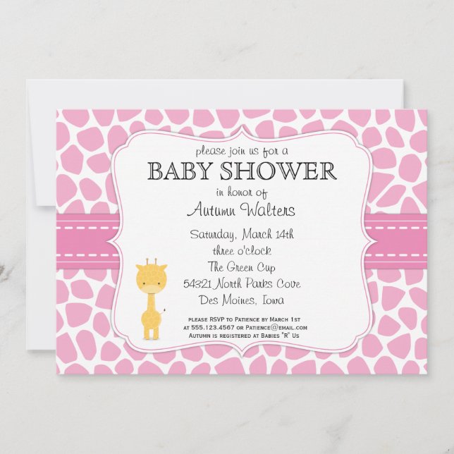 Invitations roses de baby shower de girafe (Devant)
